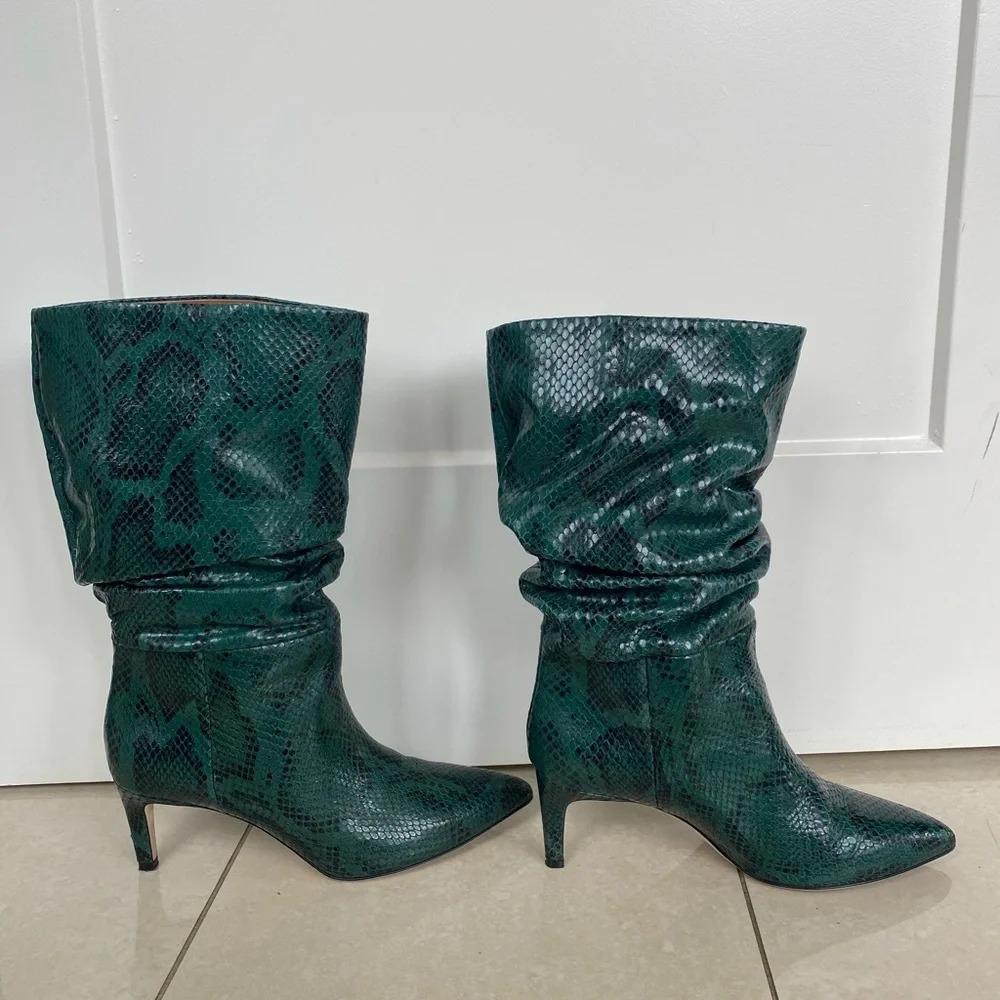 PARIS TEXAS GREEN PYTHON PRINTED LEATHER SLOUCHY BOOTS 37.5 - Picture 1 of 5